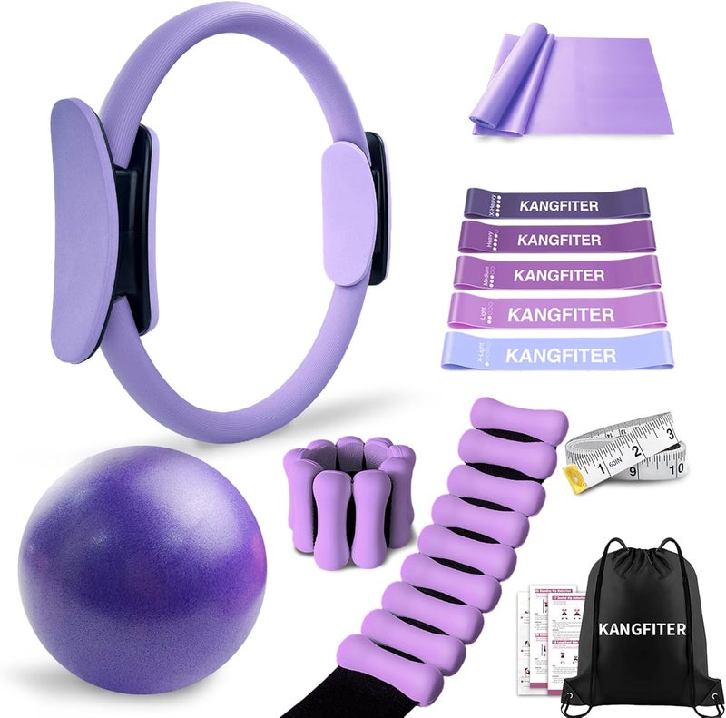 KANGFITER Pilates Equipment Kit for Home Workout, Pilates Ring and Ball Set with Adjustable Ankle Wrist Weights, Resistance Bands, Tape Measure, Bag, Pilates Essentials Accessories for Women Yoga - Image 1